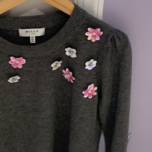 Worn 1x! Milly Minis gray sweater with floral appliqué - size 14 - Picture 3 of 11